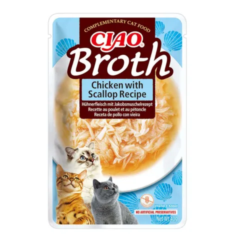 Churu Broth Sopa de Pollo con Vieiras sobre para gatos