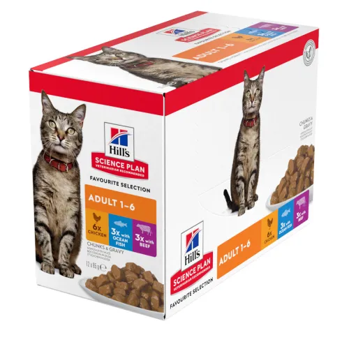 Hills Science Plan Adult Pollo Pescado Azul y Vacuno en Salsa sobre para gatos
