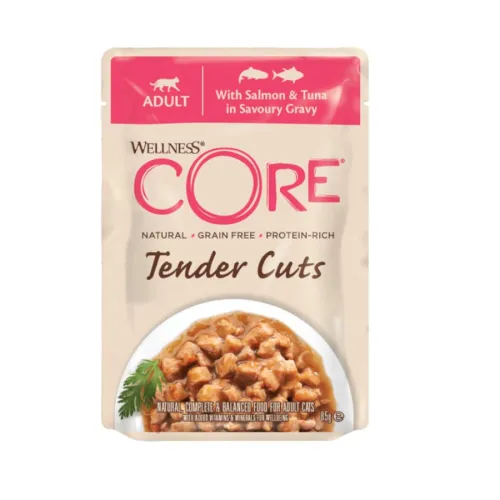 Wellness Core Tender Cuts salmón y atún sobre en salsa para gatos