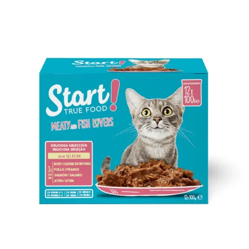 Start Cat Carne con Pollo y Pescado en Gelatina sobre para gatos