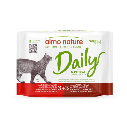Almo Nature Daily Pollo con Ternera y Pollo con Pato sobre para gatos