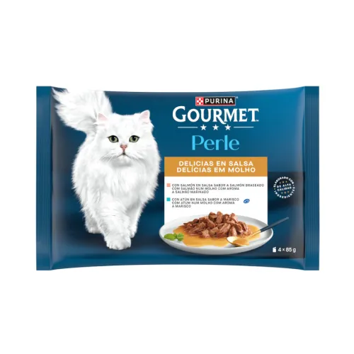 Gourmet Perle Filetes de Salmón y Atún en salsa sobre para gatos