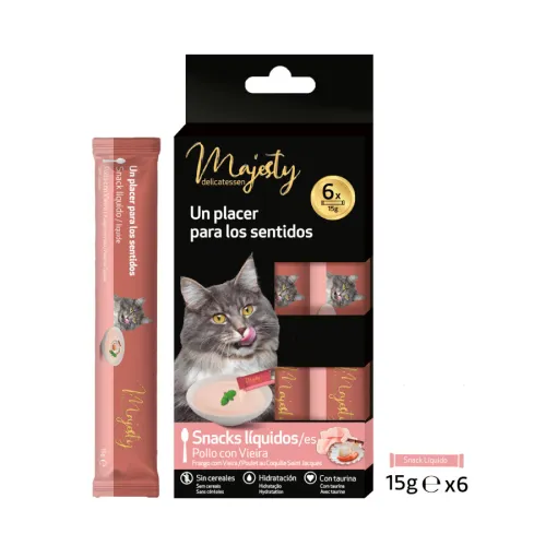 Majesty Pollo y Vieira snack líquido para gatos