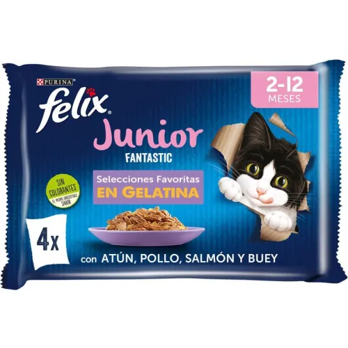 Felix Junior Fantastic Carne y Pescado en Gelatina sobre para gatos