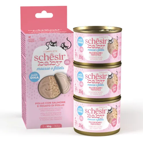 Schesir Lata Pollo y Salmón en Mousse y Filete para gatitos