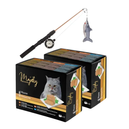 Pack Juguete caña de pescar Flamingo + 24 latas x 85 g Majesty Adult Mousse Mix para gatos